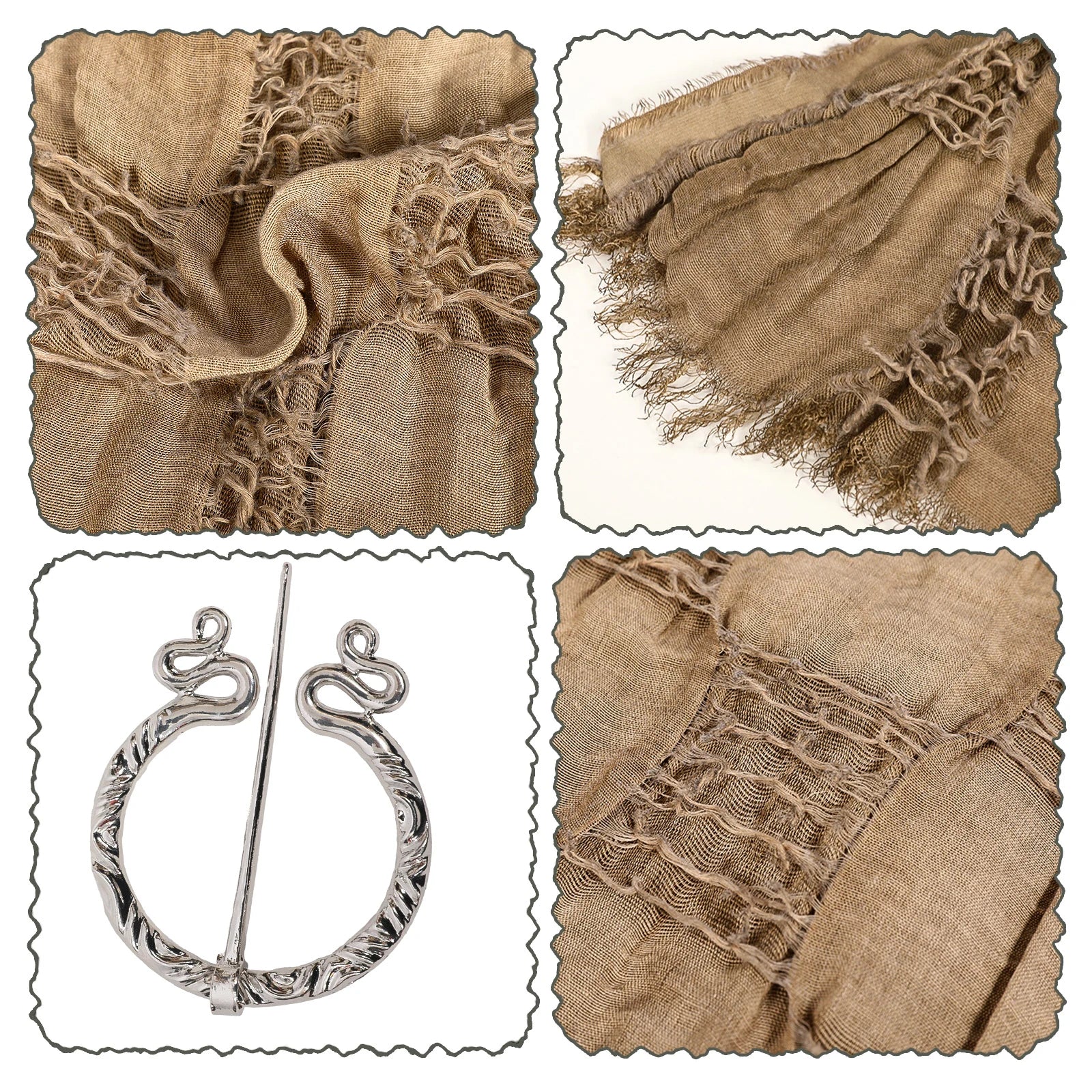 Brown medieval shawl fabric, distressed weave and snake brooch details