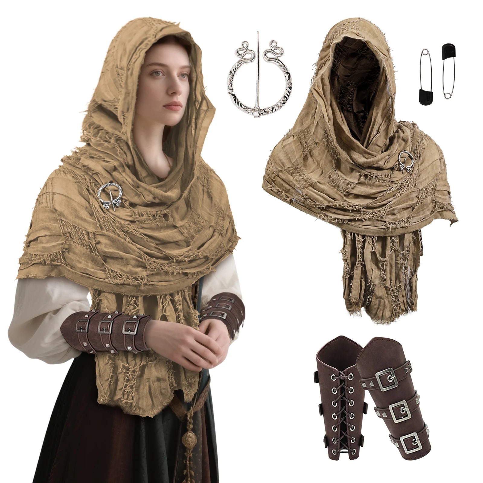 Brown distressed medieval shawl set with snake brooch, pin and wrist cuffs