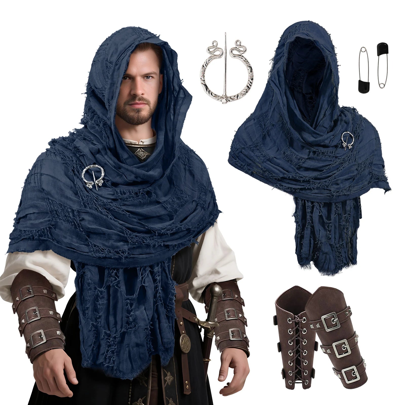 Dark blue distressed medieval shawl set with snake brooch, pin and wrist cuffs