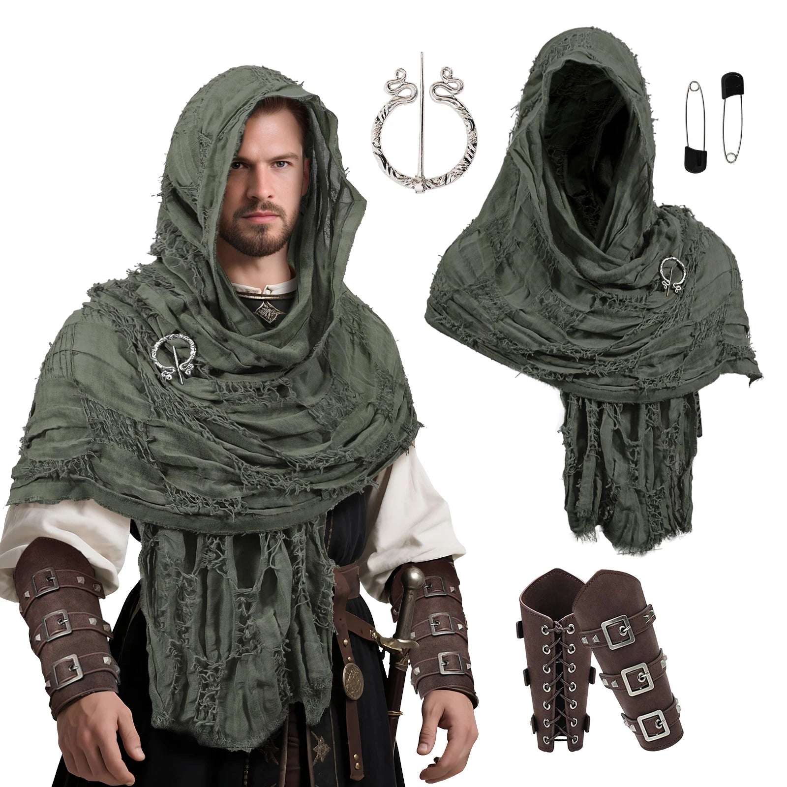 Dark green distressed medieval shawl set with snake brooch, pin and wrist cuffs