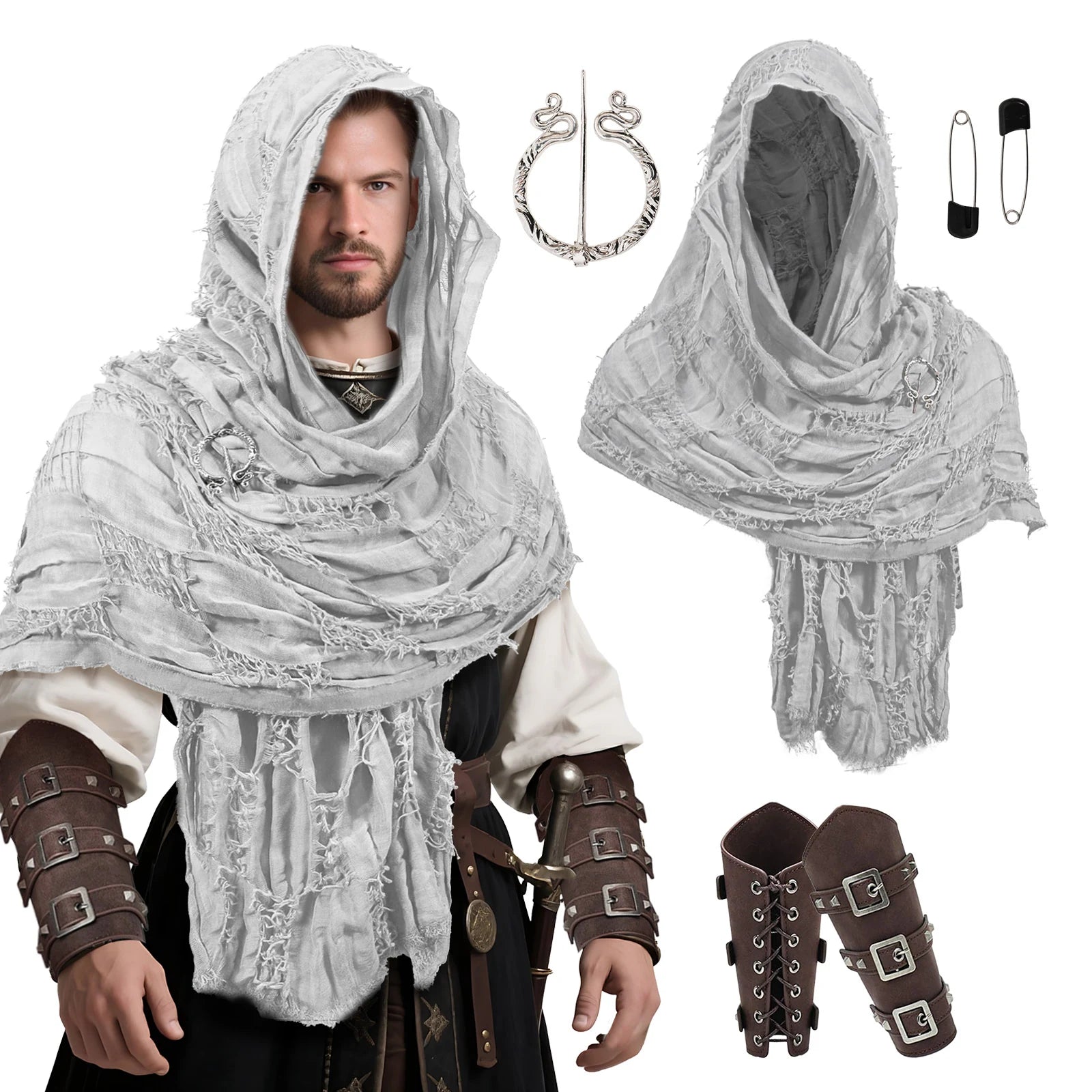 Gray distressed medieval shawl set with snake brooch, pin and wrist cuffs