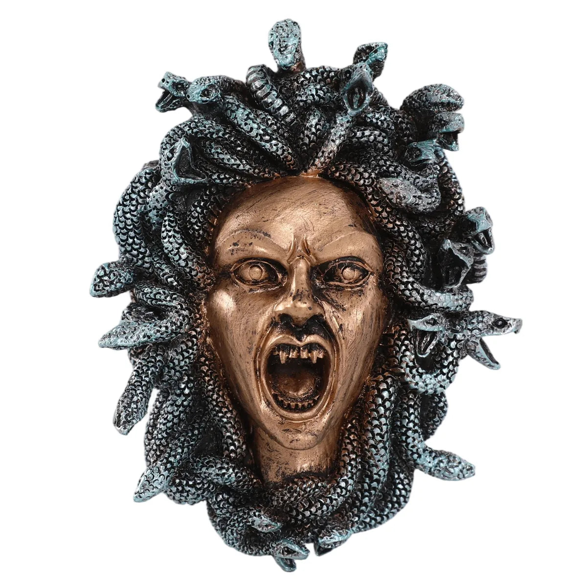 Medusa wall ornament front view with bronze face and textured snakes.