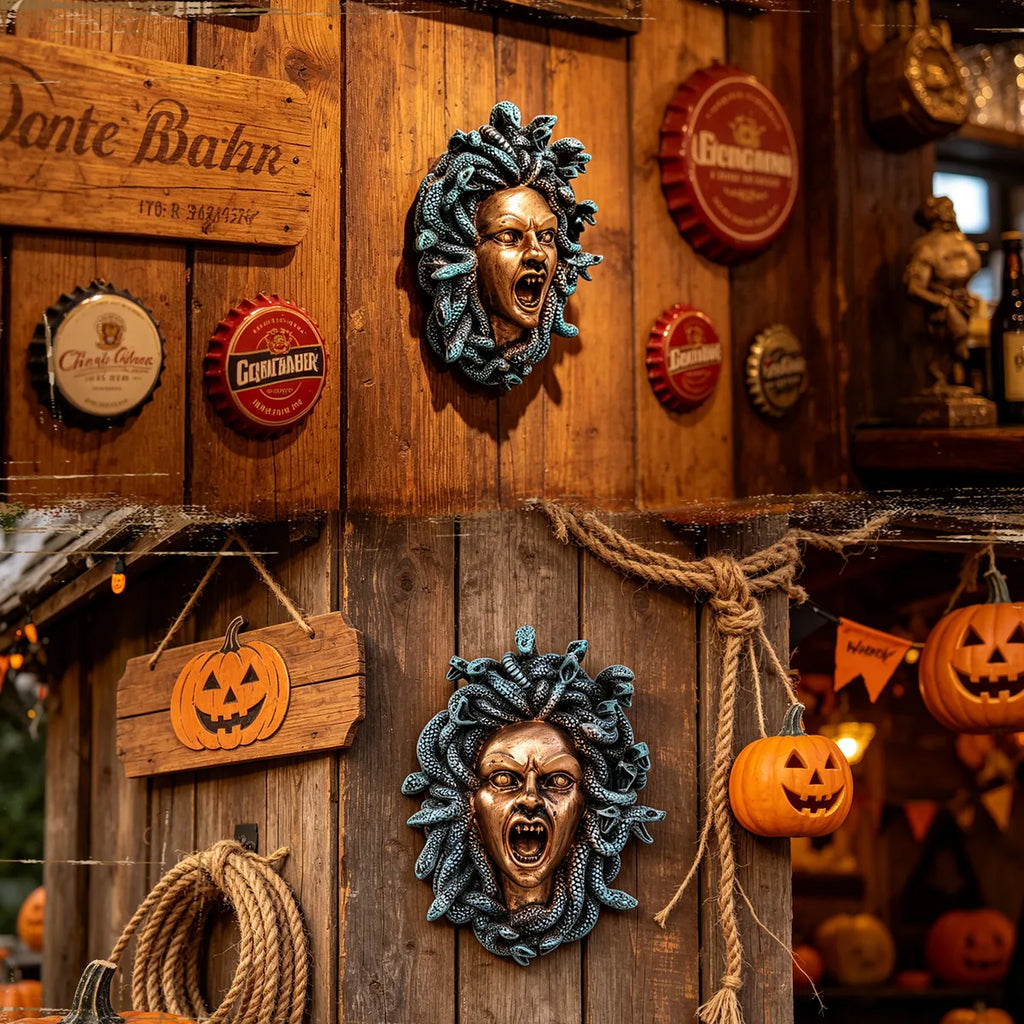 Medusa wall ornaments styled on a rustic Halloween display wall.