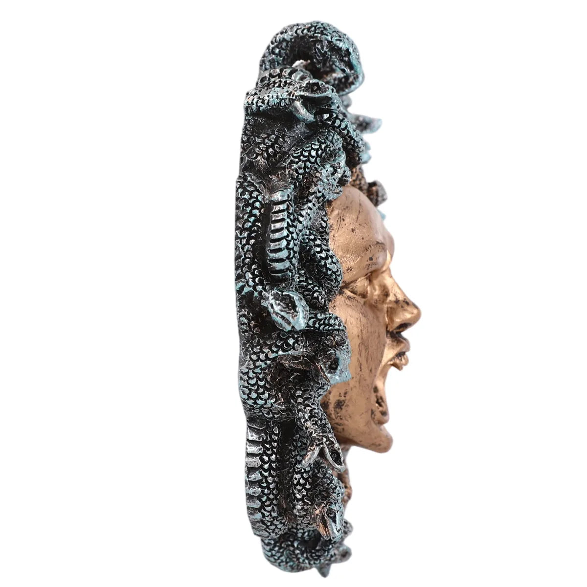 Side profile shows the raised depth of the Medusa wall ornament.