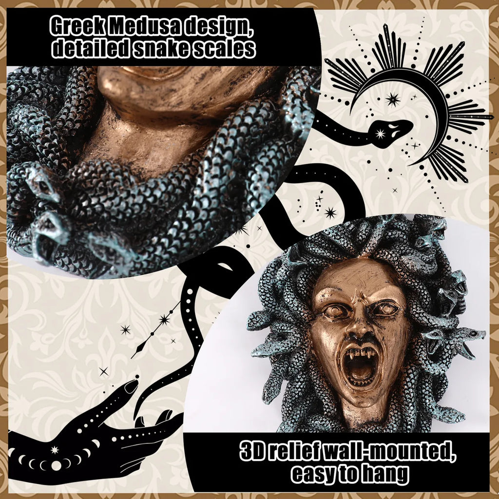 Detail graphic of the medusa wall ornament highlights the snake scales and raised sculpted facial features.