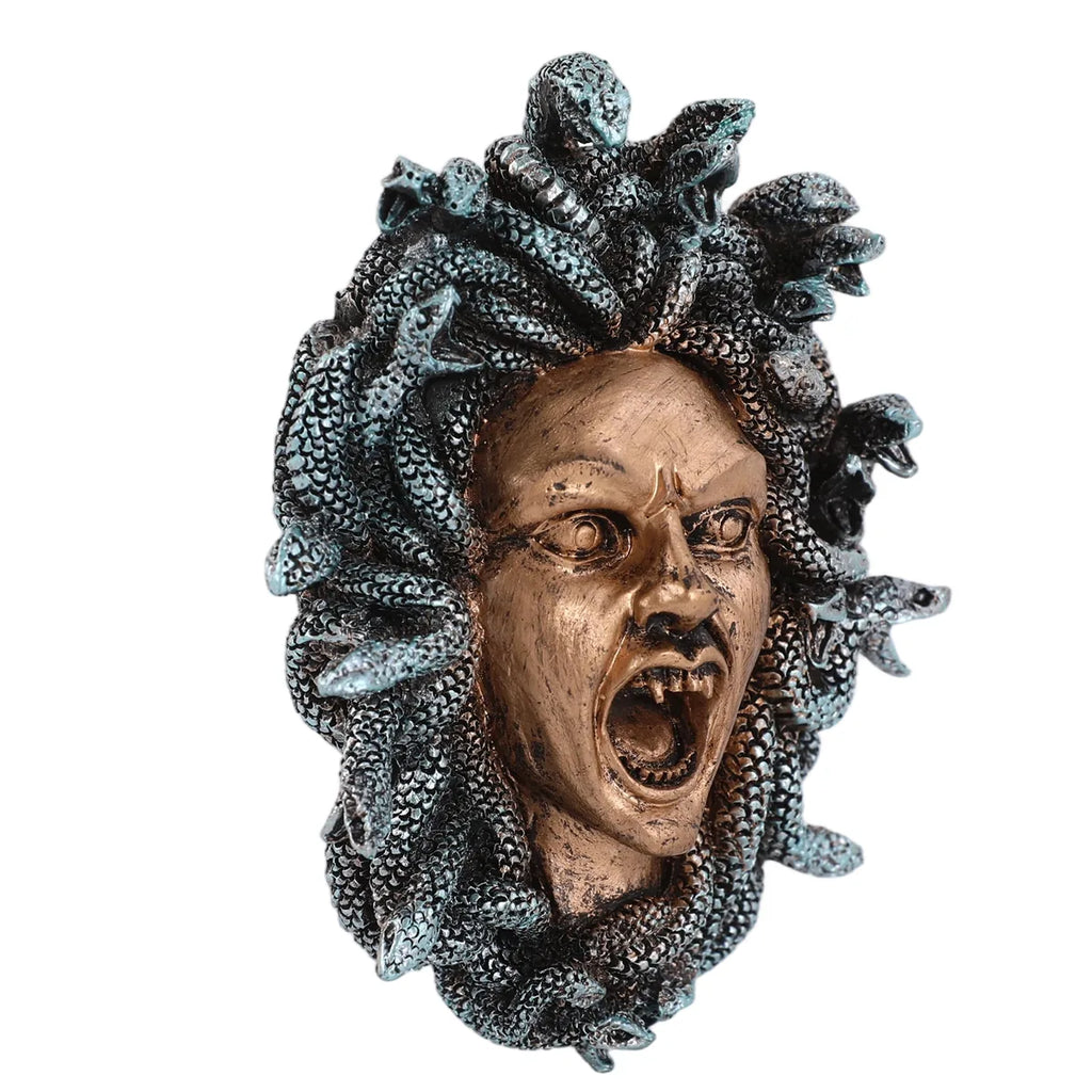 Three-quarter view of the medusa wall ornament shows the sculpted face and surrounding snake relief.