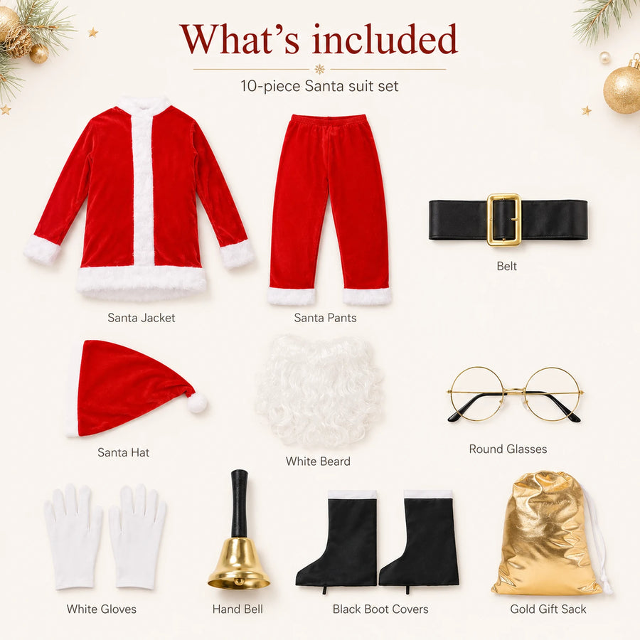 Men's 10-piece Santa costume set with suit beard belt gloves and accessories