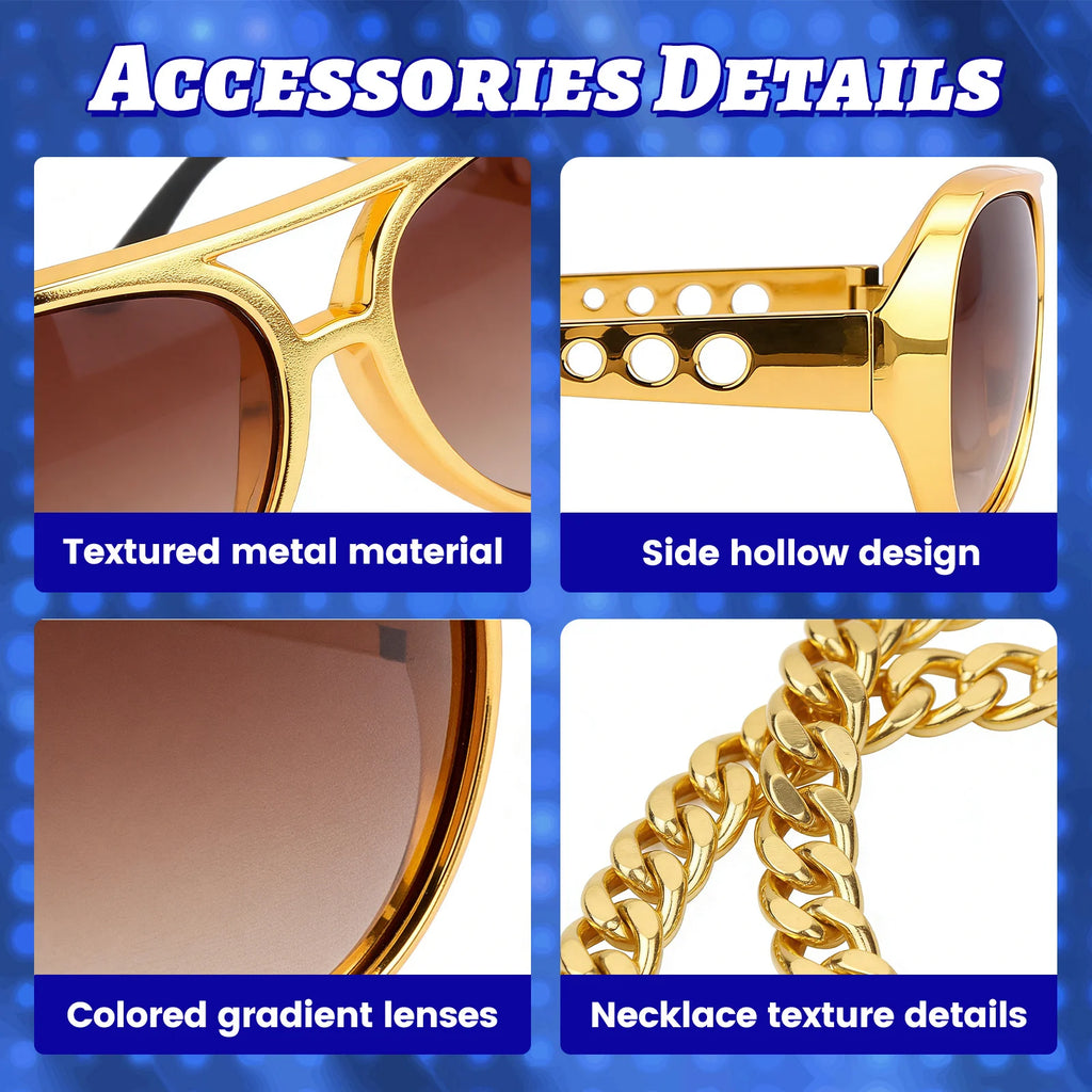 A detail panel presents gold-tone sunglasses and costume chain details for the men's black afro wig costume set, highlighting the black afro wig, sunglasses, beard, chain and wig cap.