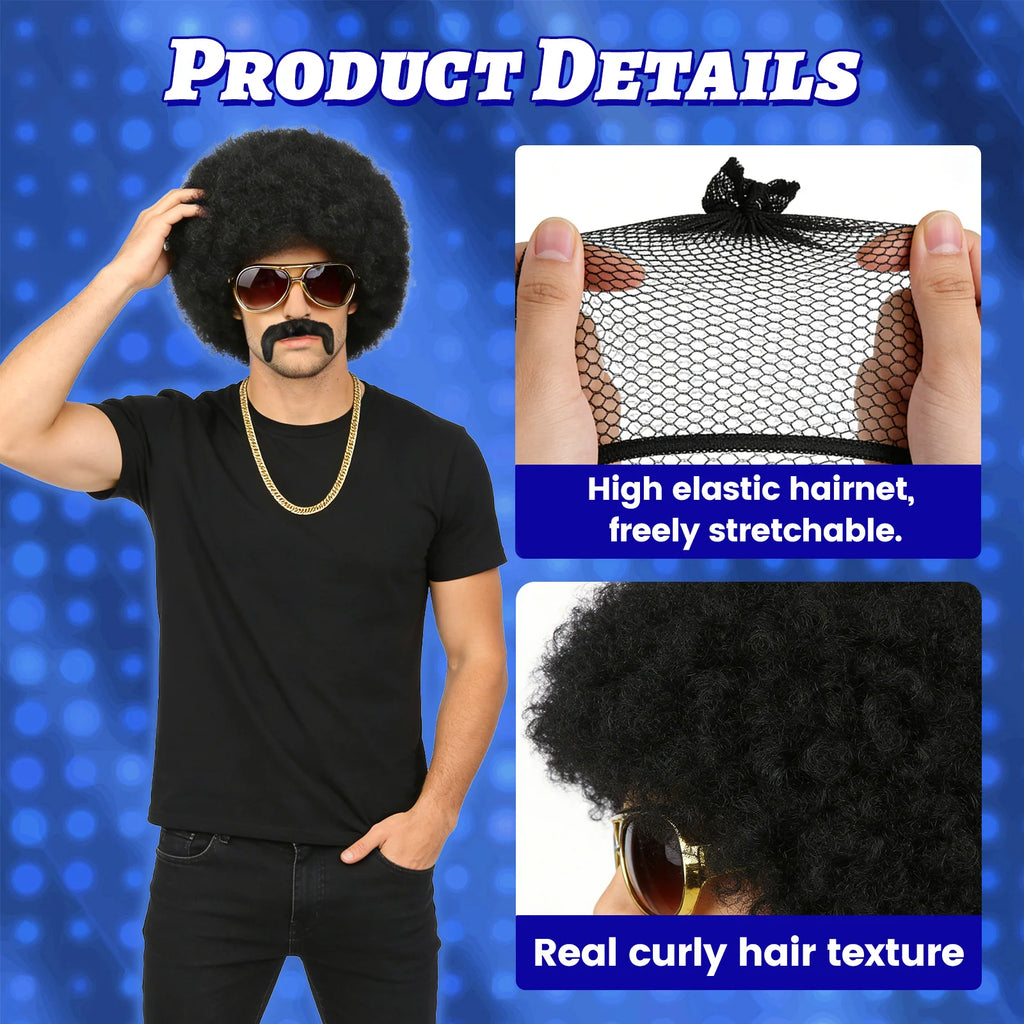 A detail panel presents black afro wig texture and stretchable hairnet detail for the men's black afro wig costume set, highlighting the black afro wig, sunglasses, beard, chain and wig cap.