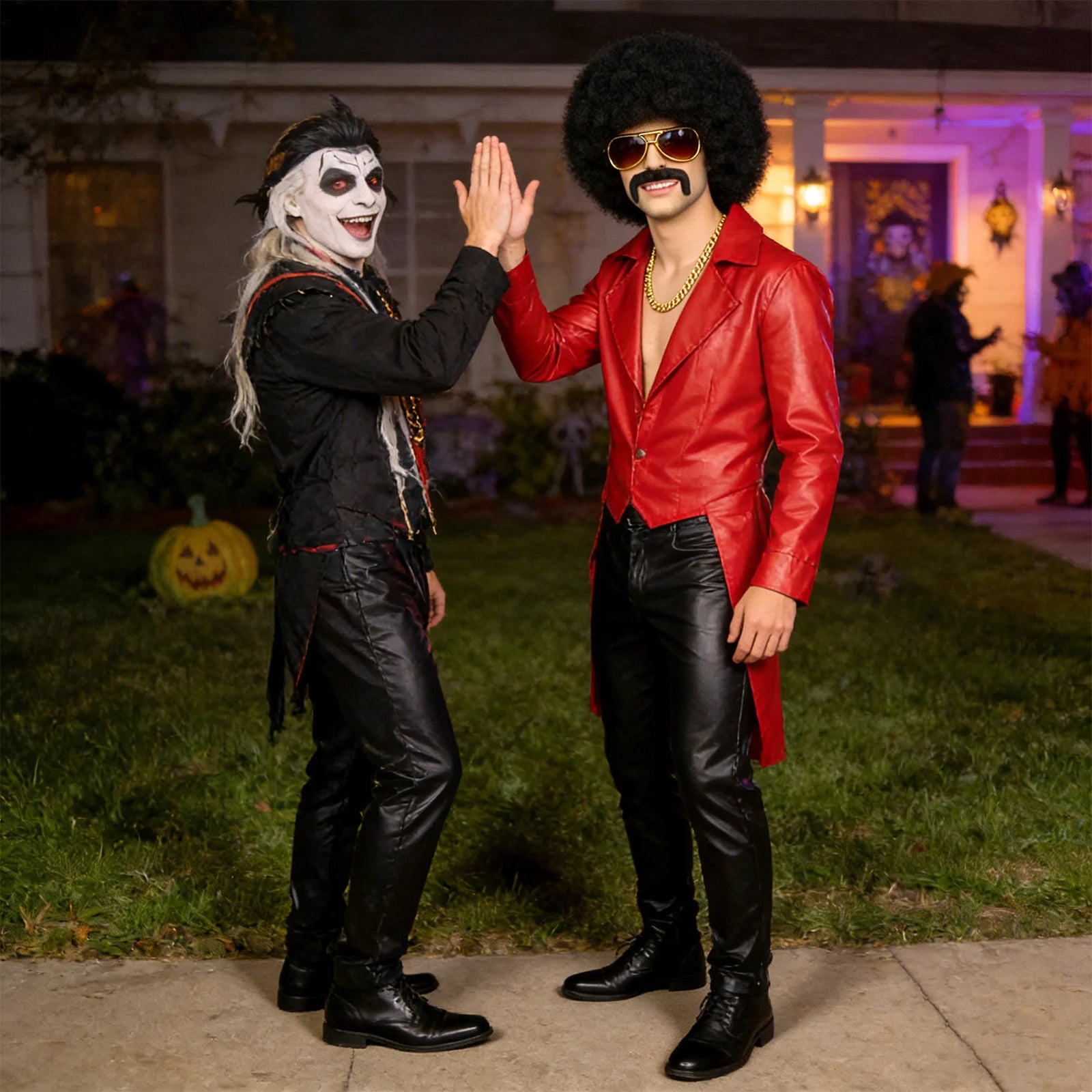 A themed setting presents black afro wig retro party costume scene, with the black afro wig, sunglasses, beard, chain and wig cap clearly visible.
