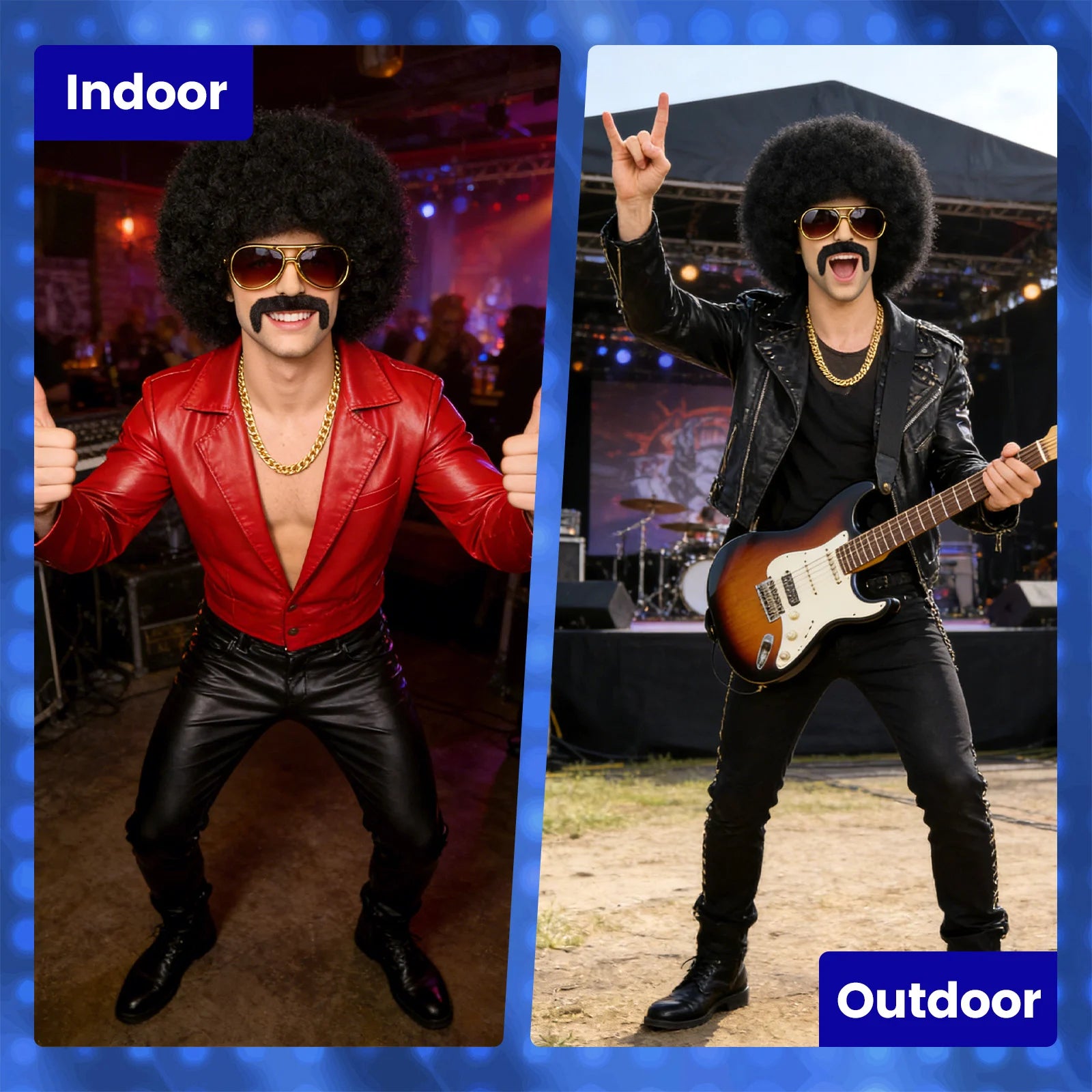 A themed setting presents men's disco costume accessory set party scene, with the black afro wig, sunglasses, beard, chain and wig cap clearly visible.