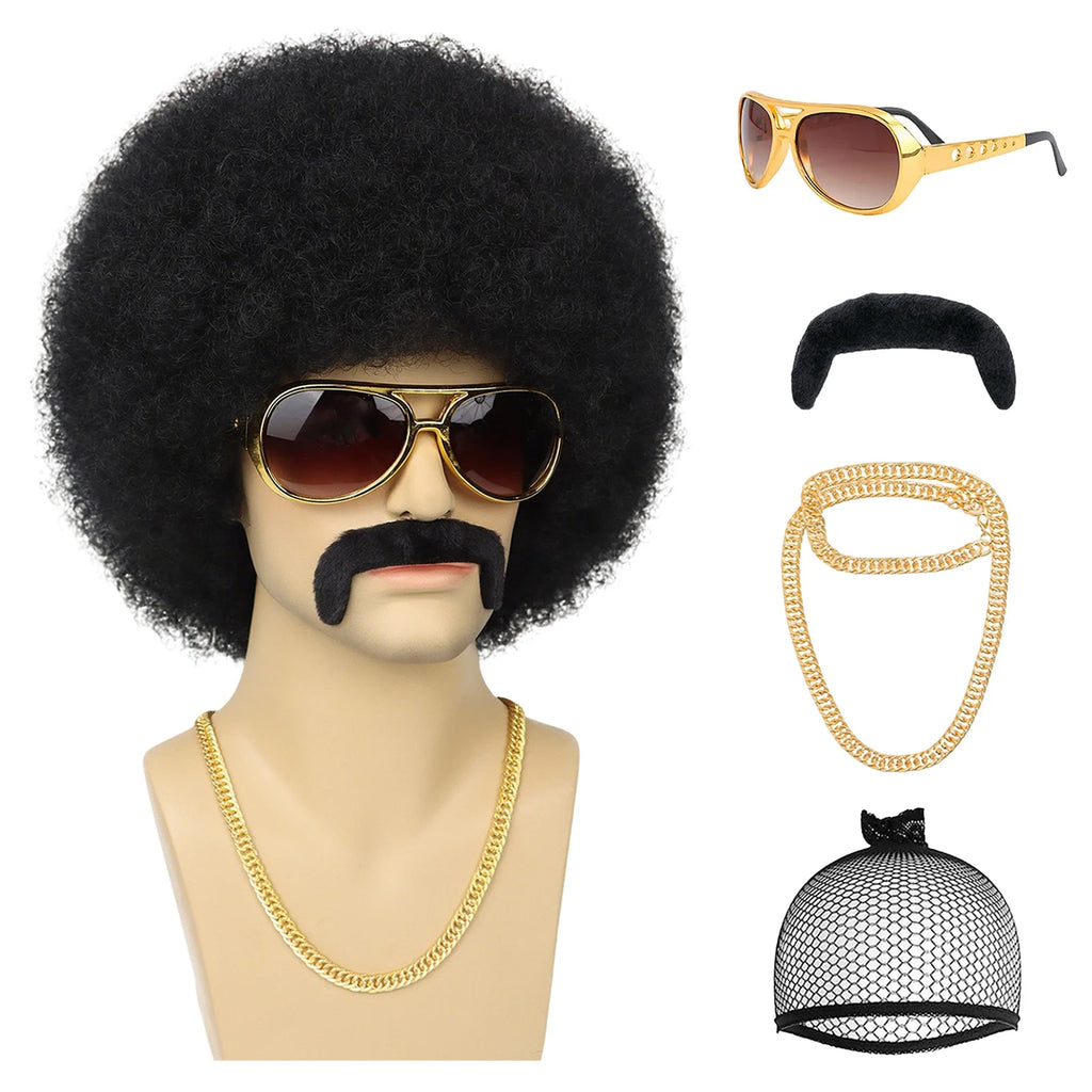 A clear product view presents a five-piece black afro wig costume accessory set, with the black afro wig, sunglasses, beard, chain and wig cap clearly visible.