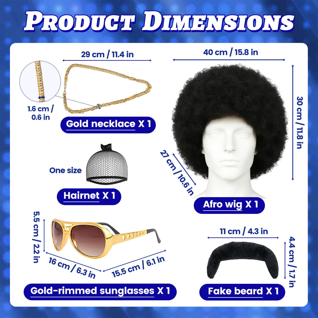 A measurement chart presents men's five-piece afro wig costume set size guide, including the visible size information for the men's black afro wig costume set.