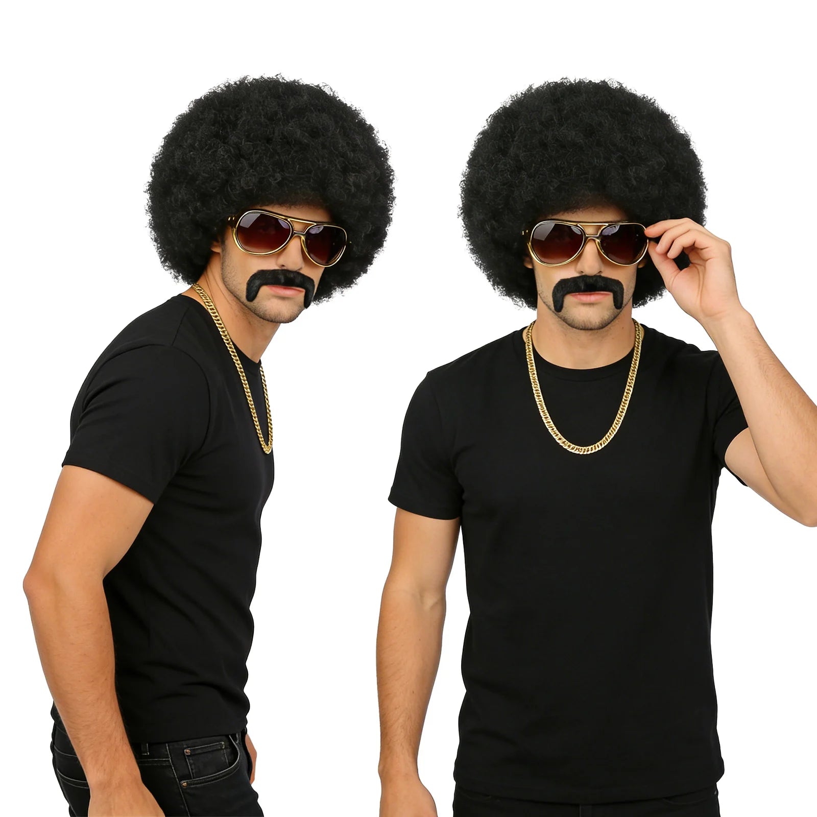 Black afro costume wig and accessories is shown in side profile, with the black afro wig, sunglasses, beard, chain and wig cap visible.