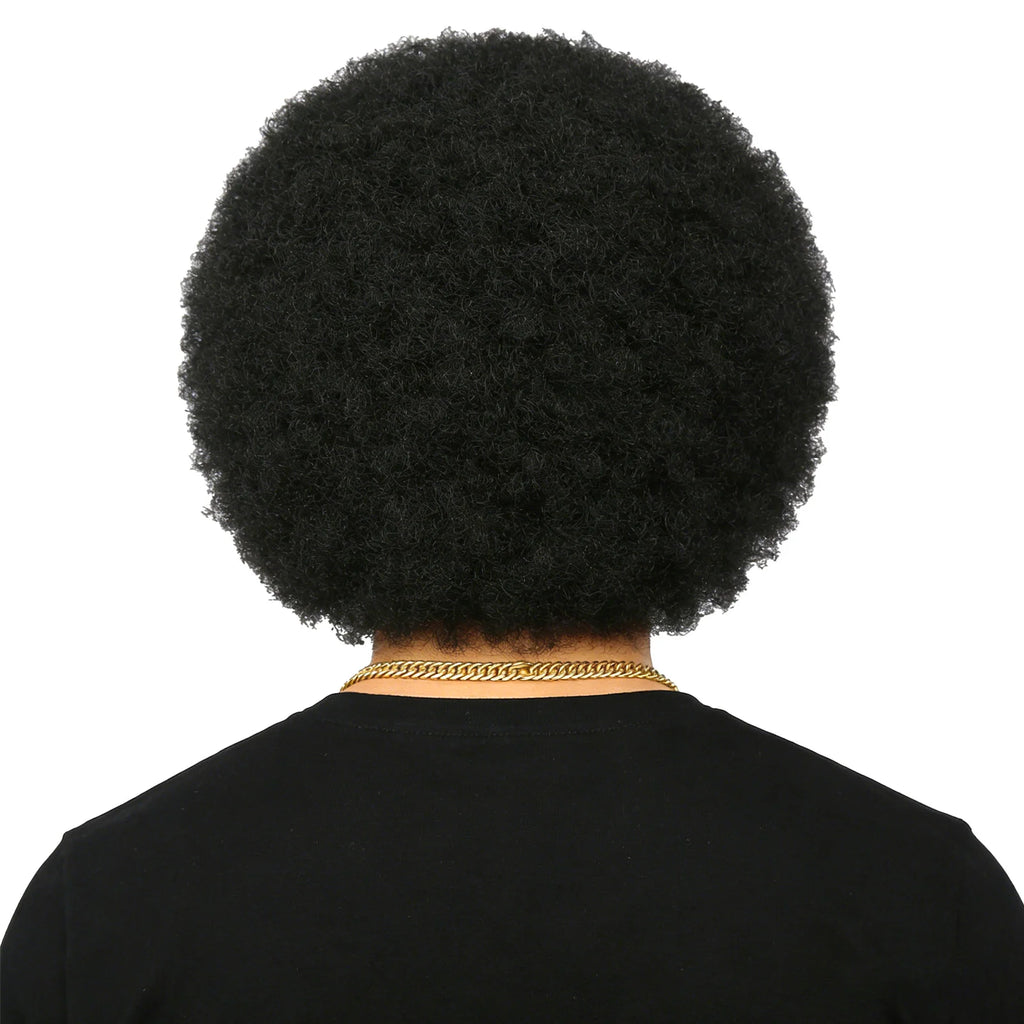 A back view shows the rounded shape and dense curls of the men's black afro wig costume set.