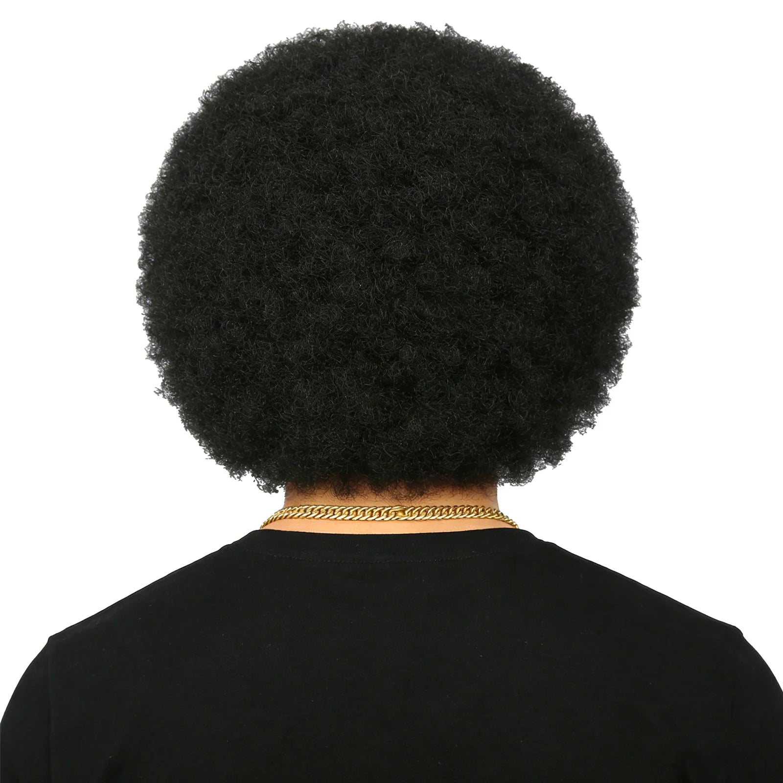 A back view shows the rounded shape and dense curls of the men's black afro wig costume set.