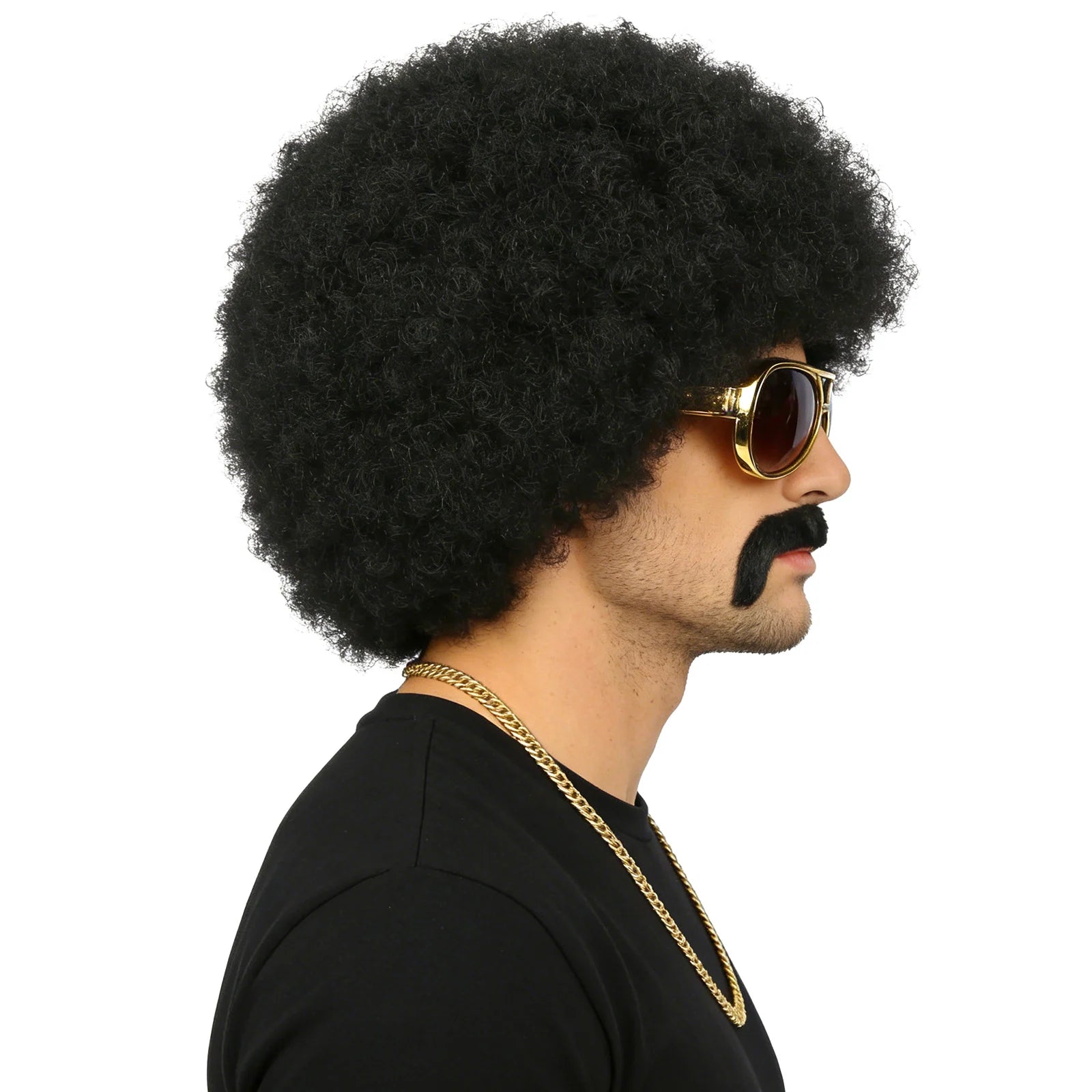 Retro black afro wig set is shown from a three-quarter angle, highlighting the black afro wig, sunglasses, beard, chain and wig cap.