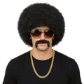 A clear product view presents a men's black afro wig costume set with sunglasses, beard and gold-tone chain, with the black afro wig, sunglasses, beard, chain and wig cap clearly visible.