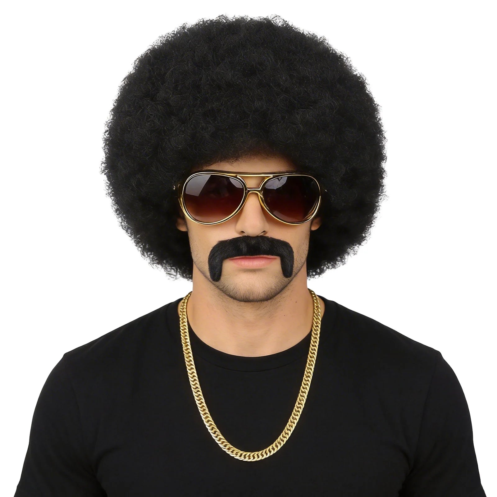 A clear product view presents a men's black afro wig costume set with sunglasses, beard and gold-tone chain, with the black afro wig, sunglasses, beard, chain and wig cap clearly visible.