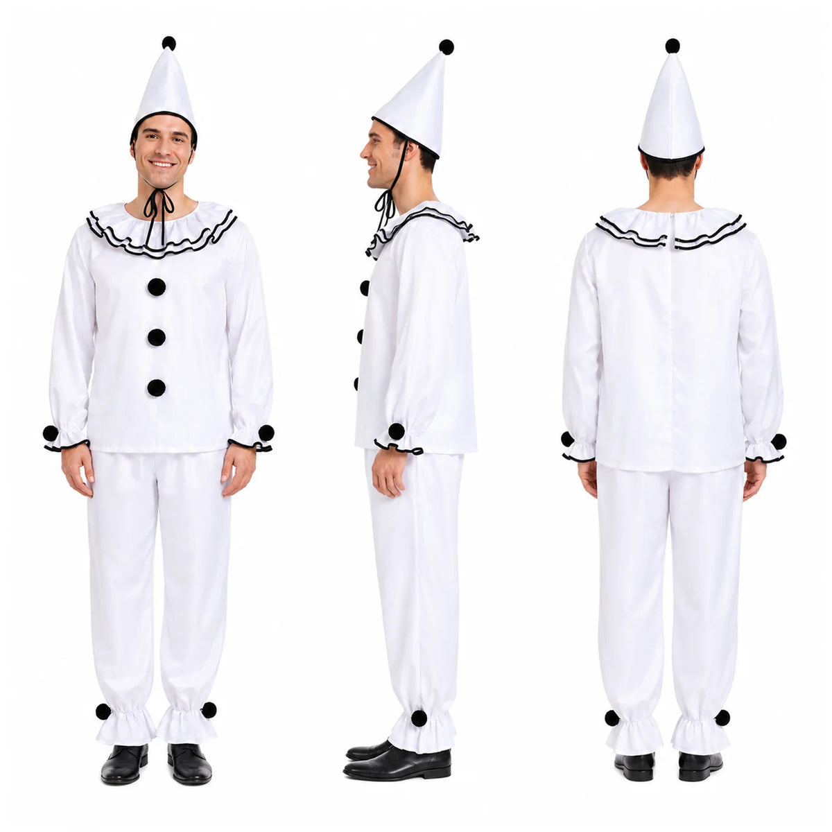 Full-length view of the men's black and white clown costume