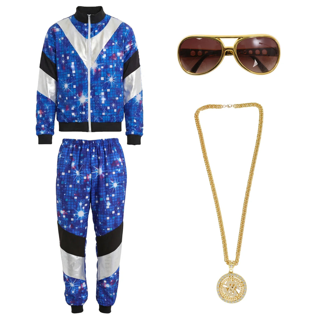 Blue galaxy-print zip jacket and matching pants displayed with sunglasses and medallion necklace.