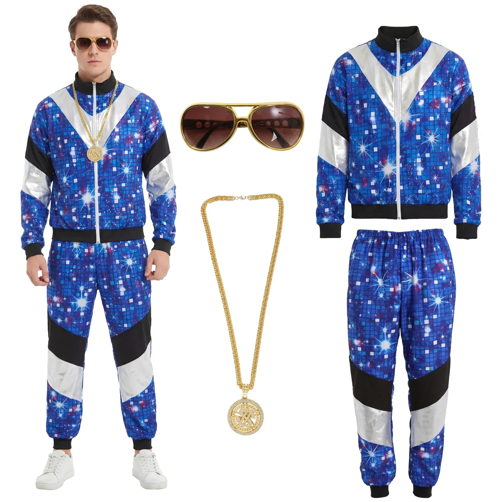 Man wearing the blue galaxy 80s disco tracksuit costume with sunglasses and medallion necklace.