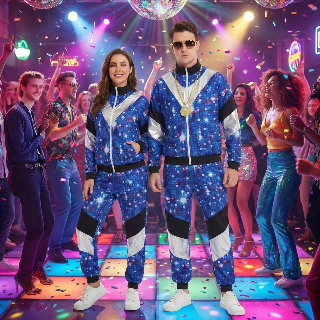 Blue galaxy disco tracksuit costume worn on a colorful retro dance floor.