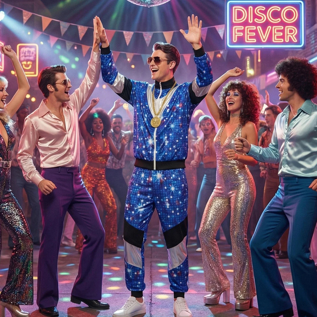 Man wearing the blue galaxy disco tracksuit costume at a disco-themed party.
