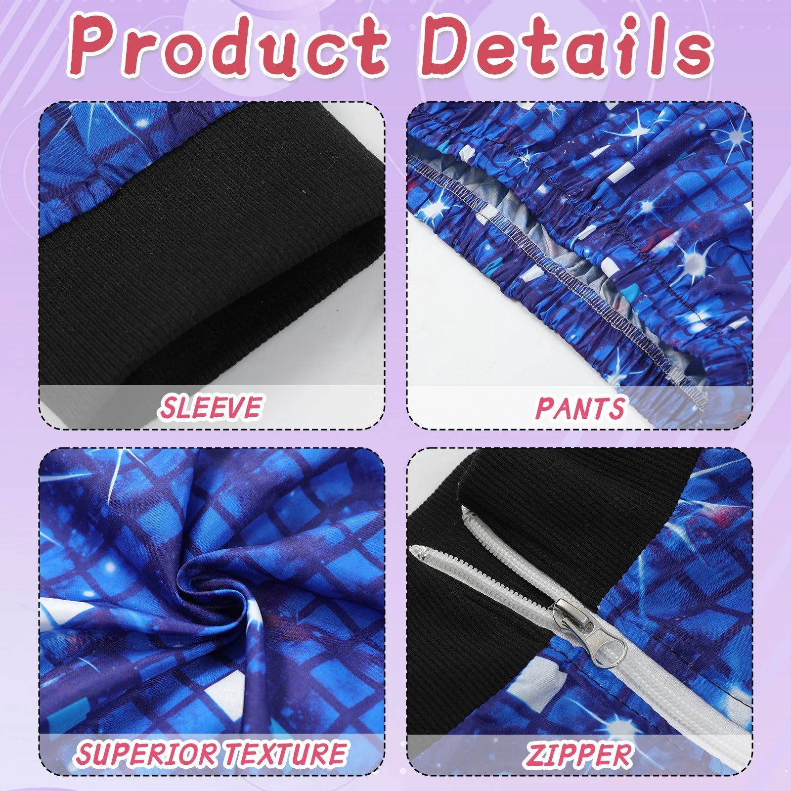Closeup details of the blue galaxy print, cuffs, pants waistband and front zipper.