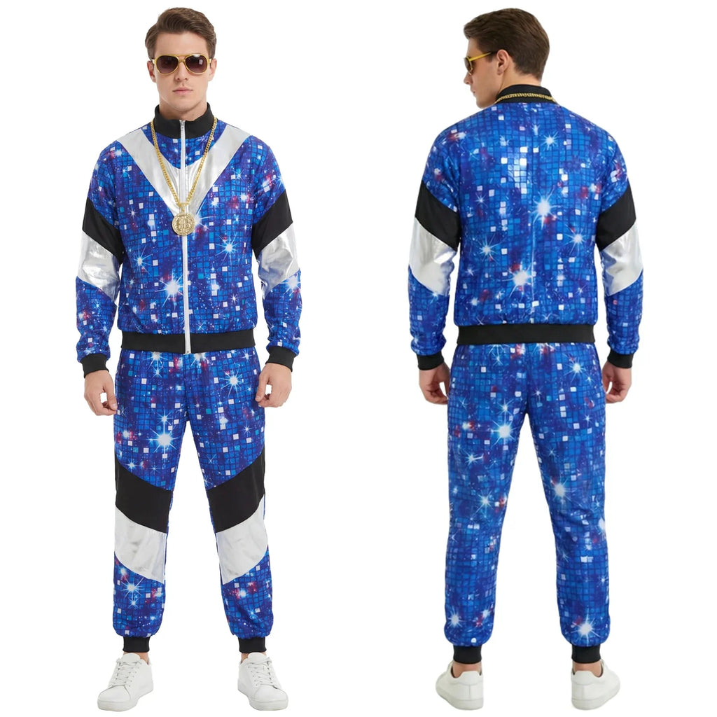 Front and back worn views of the blue galaxy disco tracksuit costume.
