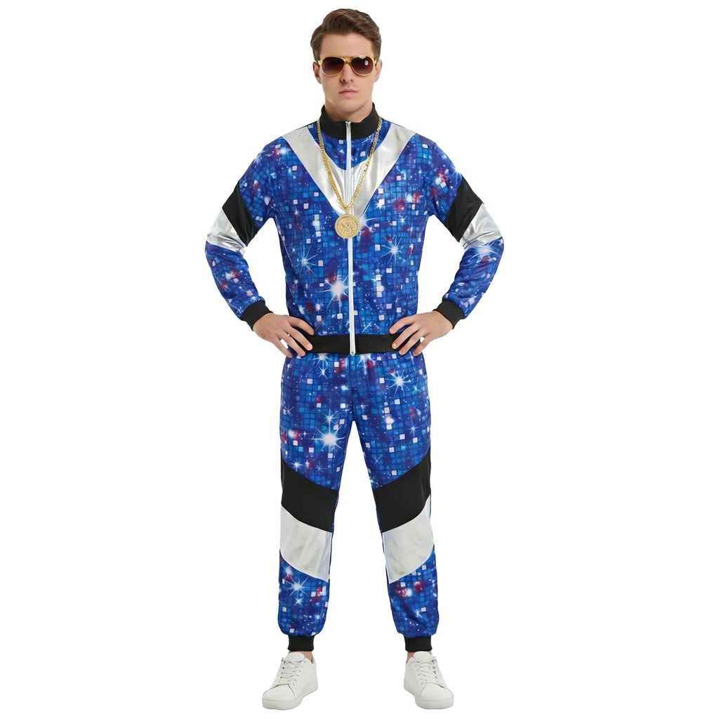 Front worn view of the blue galaxy-print zip jacket and matching pants.