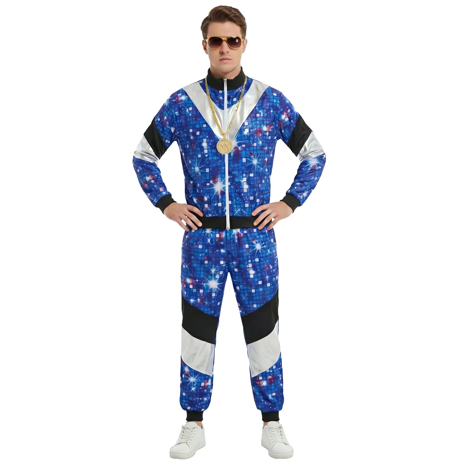 Front worn view of the blue galaxy-print zip jacket and matching pants.