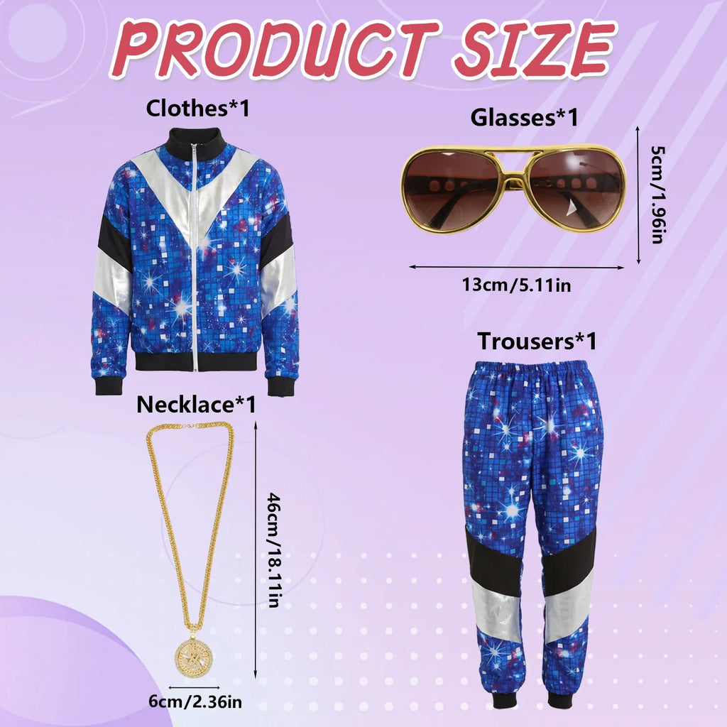 Included blue galaxy jacket, pants, sunglasses and medallion necklace with accessory measurements.