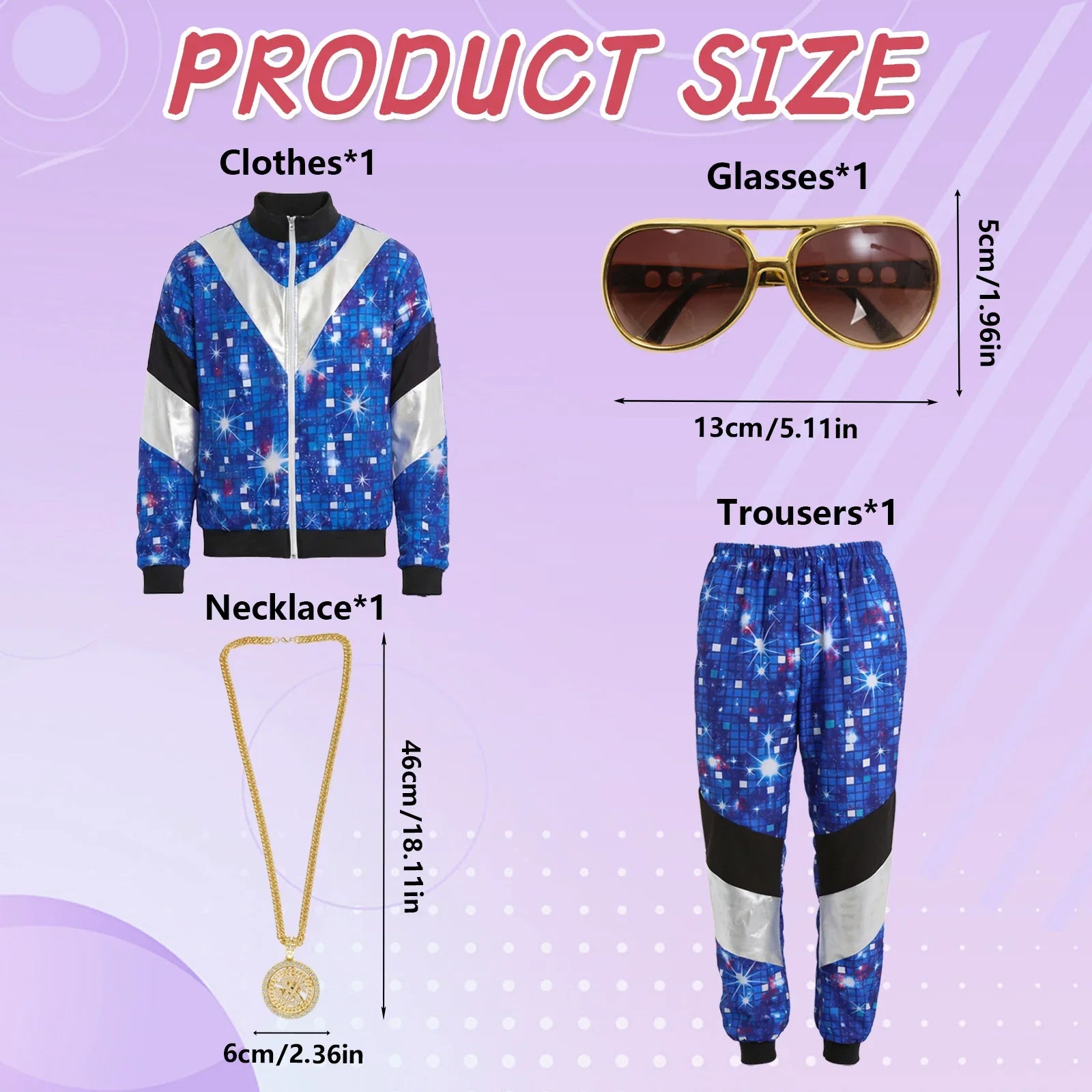 Included blue galaxy jacket, pants, sunglasses and medallion necklace with accessory measurements.