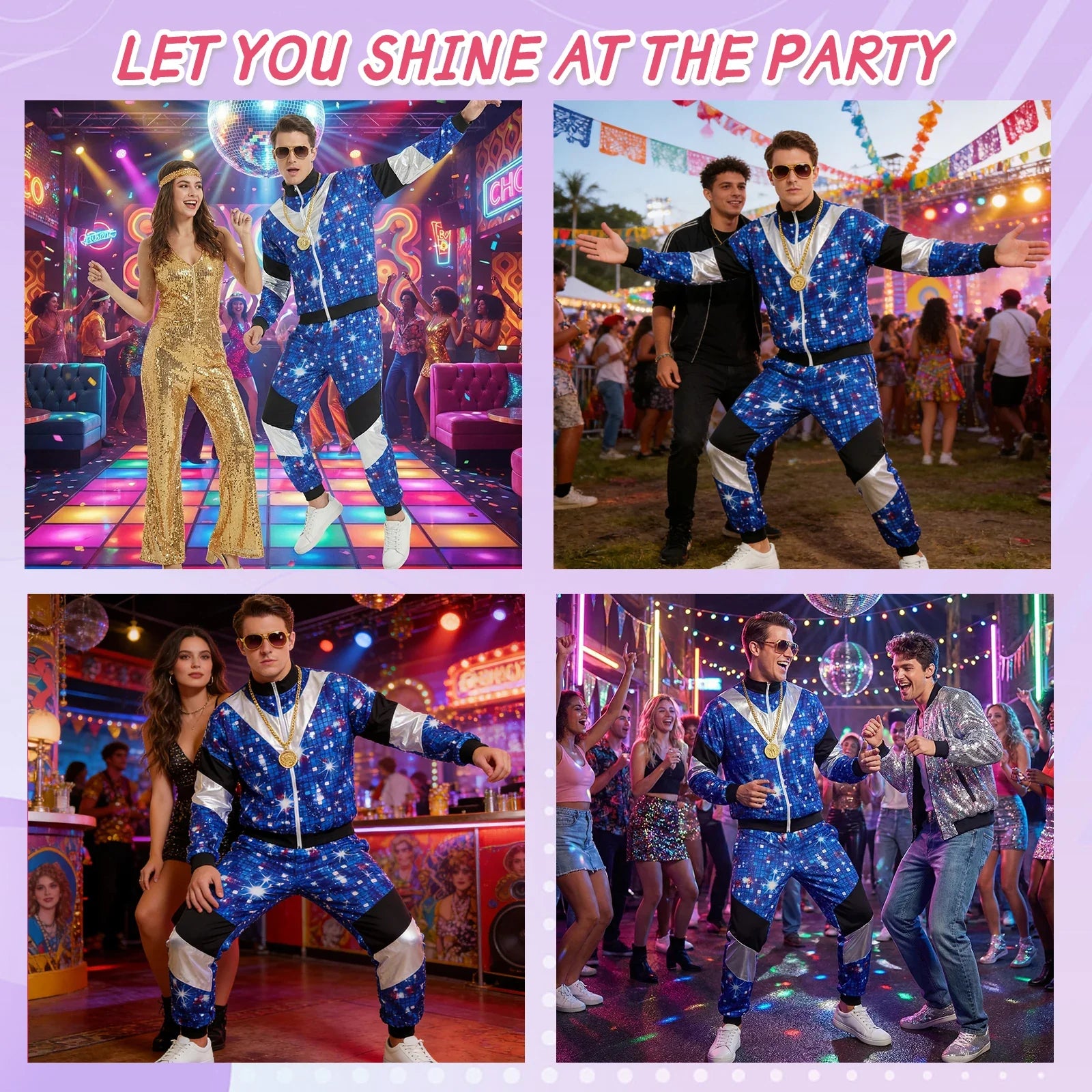 Blue galaxy disco tracksuit costume shown in four retro party settings.