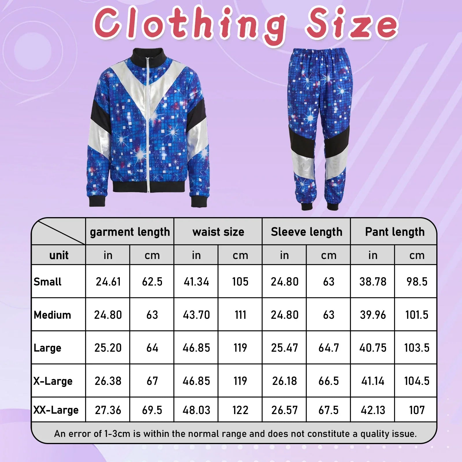 Garment measurements for the blue galaxy disco tracksuit in sizes S through 2XL.