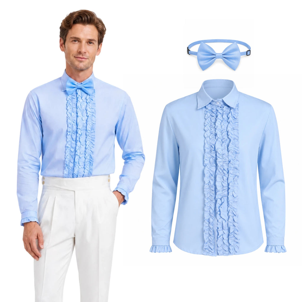 Inspired by Harry's look in Dumb and Dumber, a man wears the light-blue ruffle shirt and bow tie beside the separate pieces.