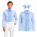 Inspired by Harry's look in Dumb and Dumber, a man wears the light-blue ruffle shirt and bow tie beside the separate pieces.