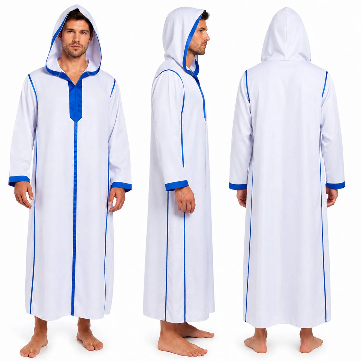 Men's blue and white medieval robe shown from the front, side and back with the hood raised.