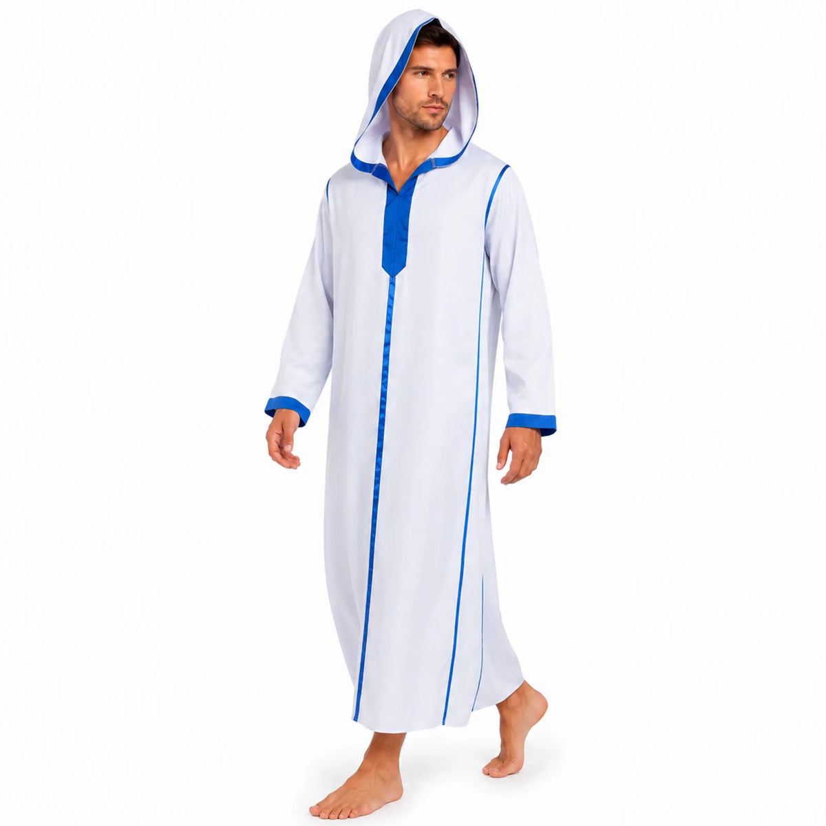 Man wearing the full-length blue and white hooded medieval robe from the front.