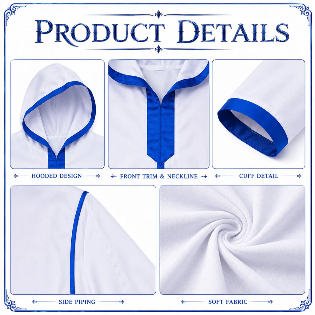 Close-up details of the medieval robe's hood, blue neckline trim, cuffs, side piping and white fabric.