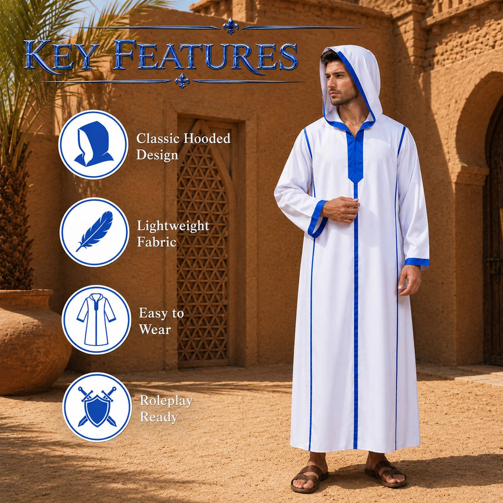 Men's medieval robe displayed with its hood, lightweight fabric and blue contrast trim.