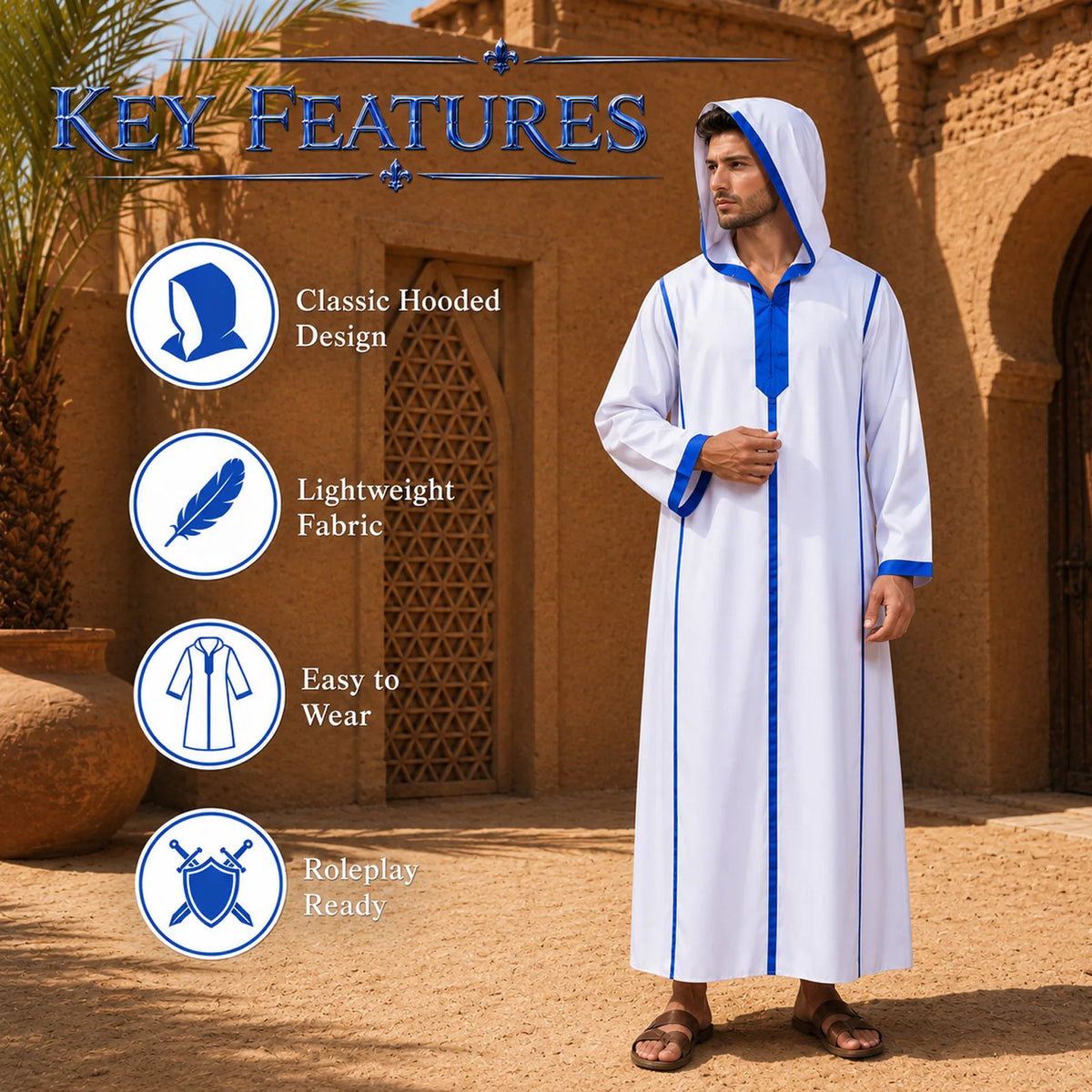 Men's medieval robe displayed with its hood, lightweight fabric and blue contrast trim.
