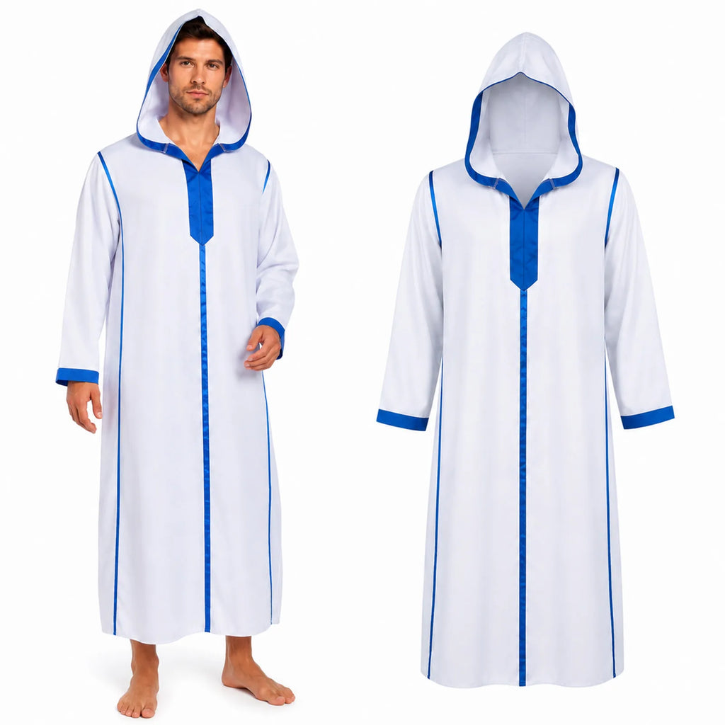 Men's blue and white medieval robe shown on a model beside the full front garment view.