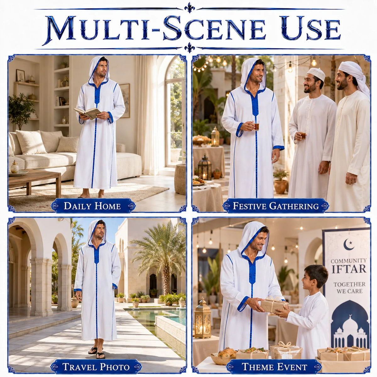 Men's blue and white medieval robe styled for gatherings, travel photos and themed events.