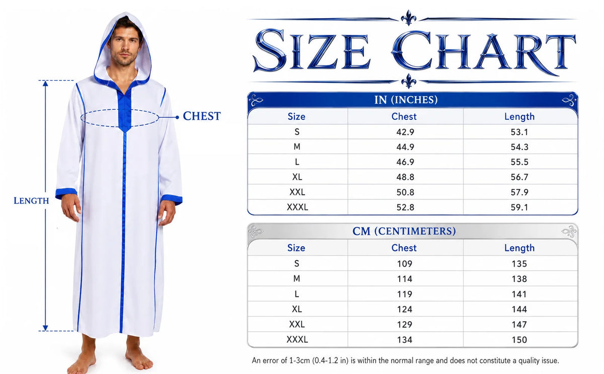 Chest and robe-length measurement chart for the men's medieval robe in sizes S through 3XL.
