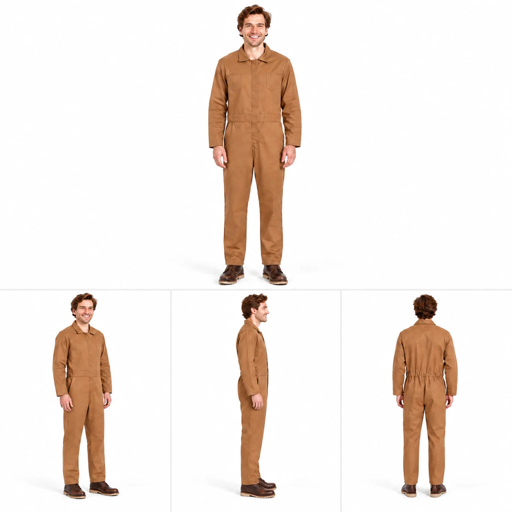 Men’s brown coveralls costume shown in front, three-quarter, side, and back views.