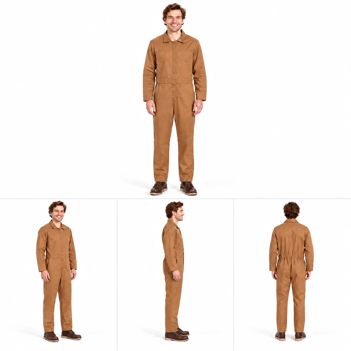 Men’s brown coveralls costume shown in front, three-quarter, side, and back views.