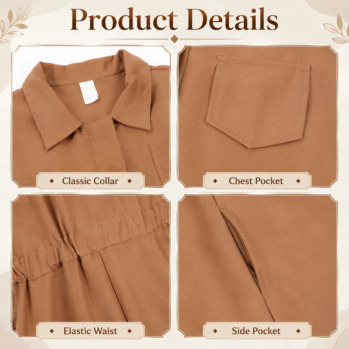 Close-up details of the brown horror coveralls collar, pockets, waist, and long sleeves.