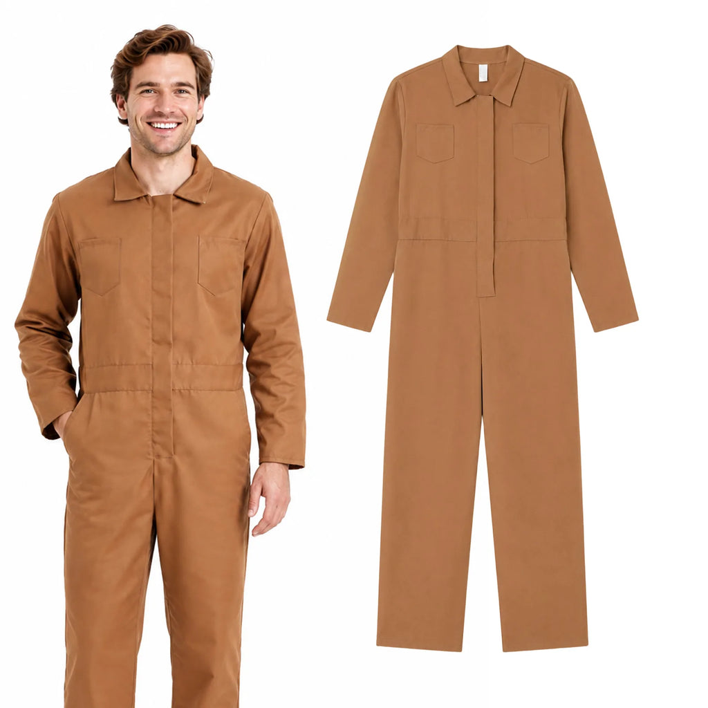 Men’s brown horror coveralls costume, front view.